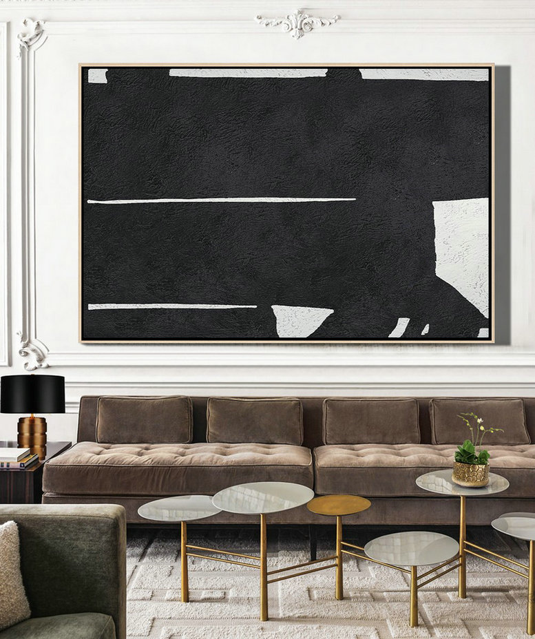 Large Oil Canvas Art,Hand Painted Oversized Horizontal Minimal Art On Canvas, Black And White Minimalist Painting - Large Abstract Wall Art